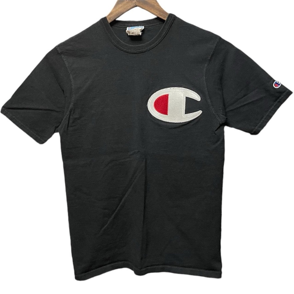 vintage black champion big patch front logo short sleeve crewneck casual T-shirt